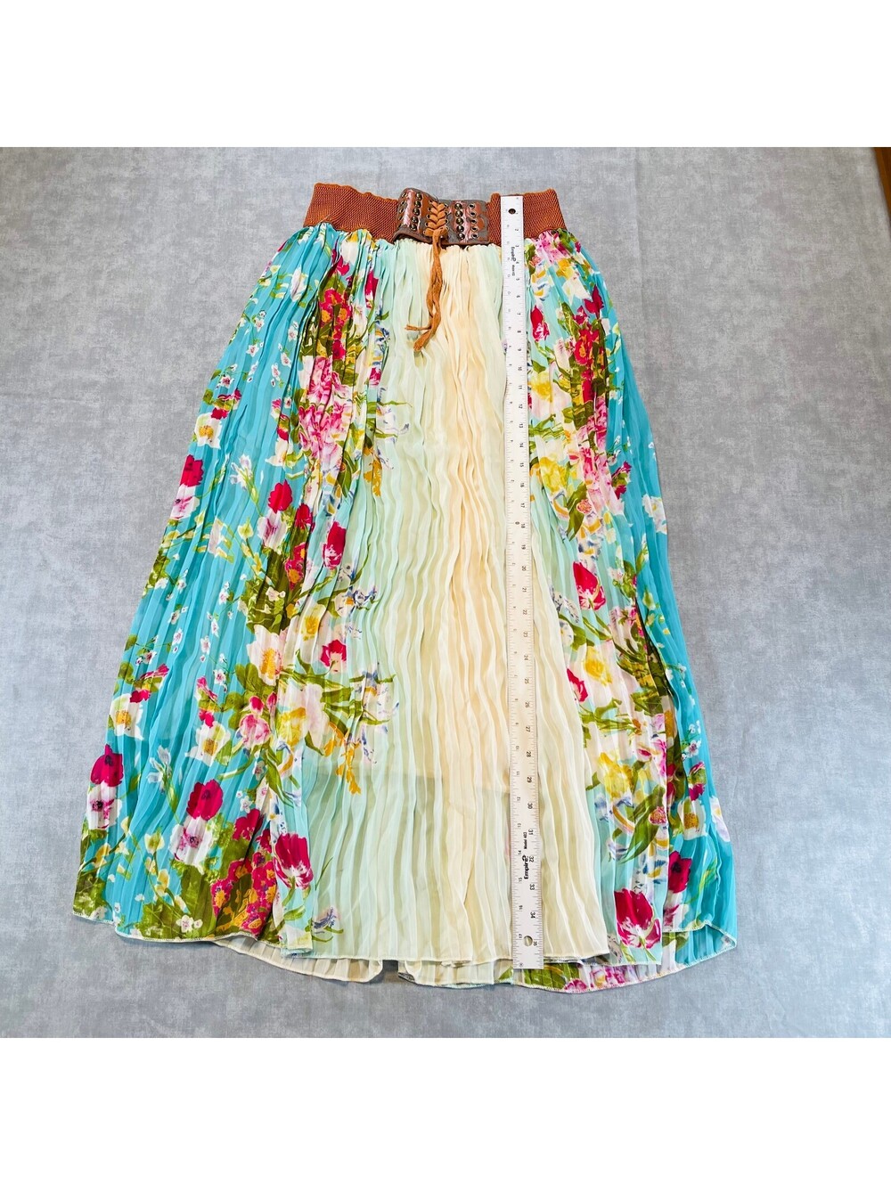Mint Green Pleated Maxi Skirt Large Floral Boho Elastic Belt Blue Cream